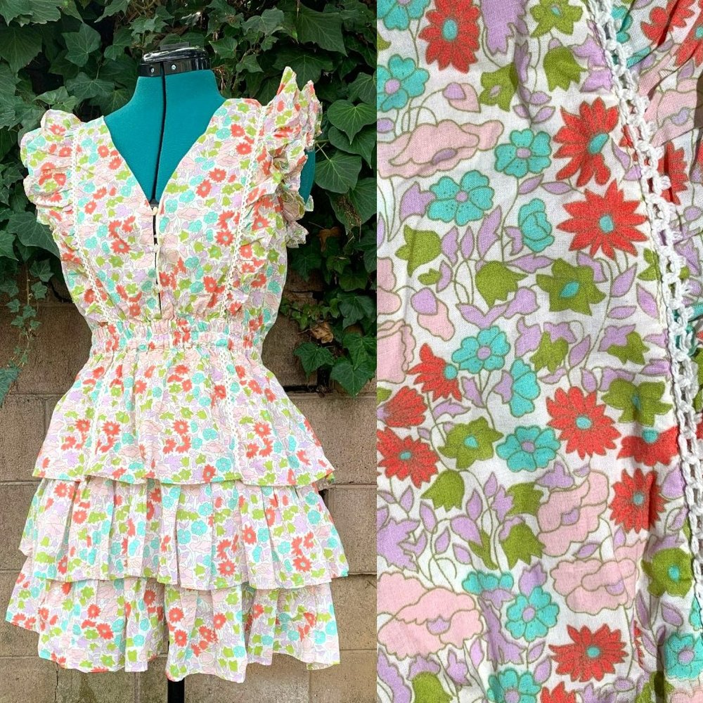 Anthropologie Floral Ruffle Dress - Red, Green, Purple